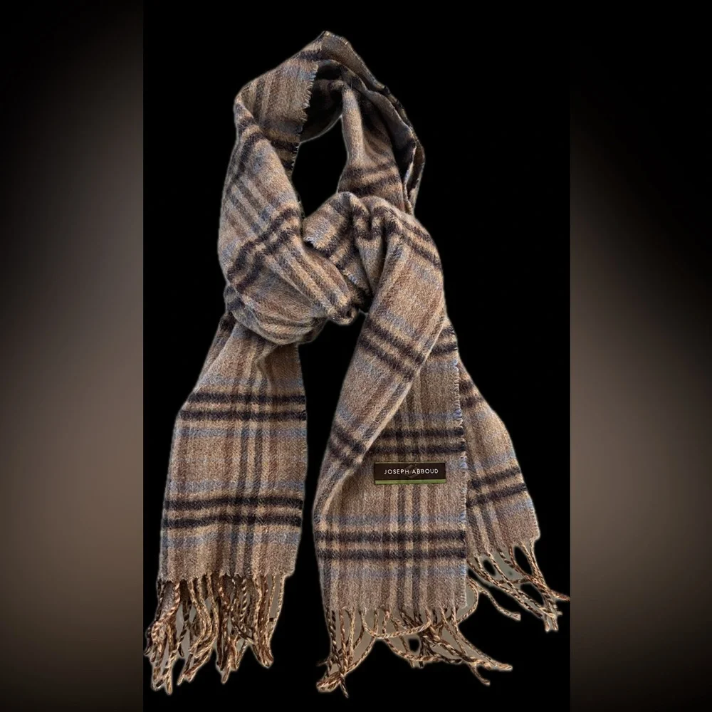 🐑Dark Tan + Black Brown & Blue Plaid Cashmere Scarf by Joseph Abboud